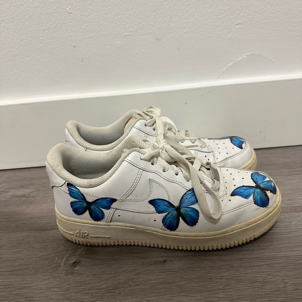 White Nike Air Force 1 with Blue Butterflies
